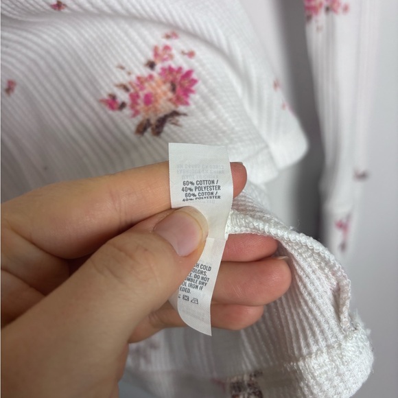 Aerie White Pink Floral Waffle Knit Thermal Long Sleeve Henley Top - Picture 6 of 7